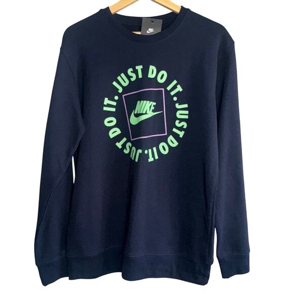 Nike Crewneck Sweatshirt NWT Large Navy Blue Just Do It Green/Purple Graphic - Picture 1 of 5